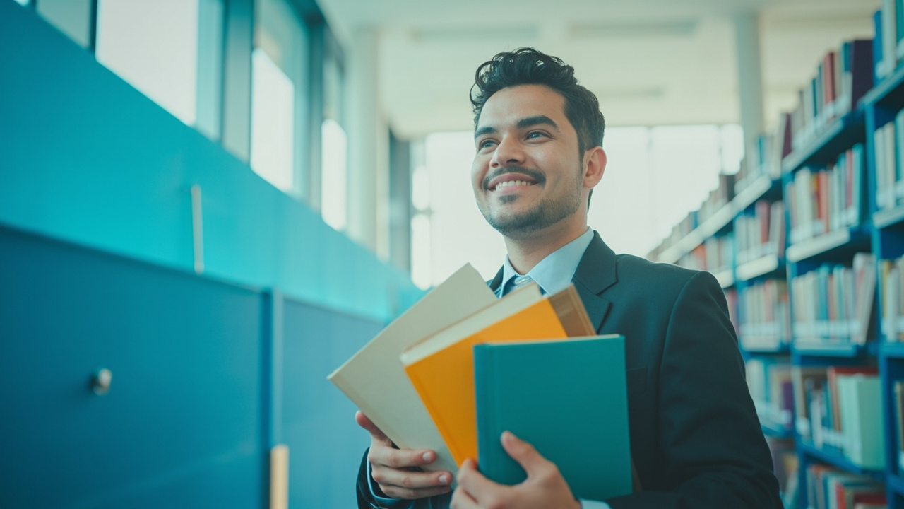 A scholarship applicant studying in a library